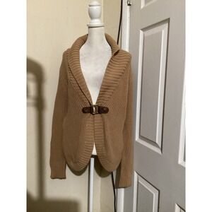 Lauren Ralph Lauren Tan Cotton Shaker Knit Cardigan Leather Buckle Collar L